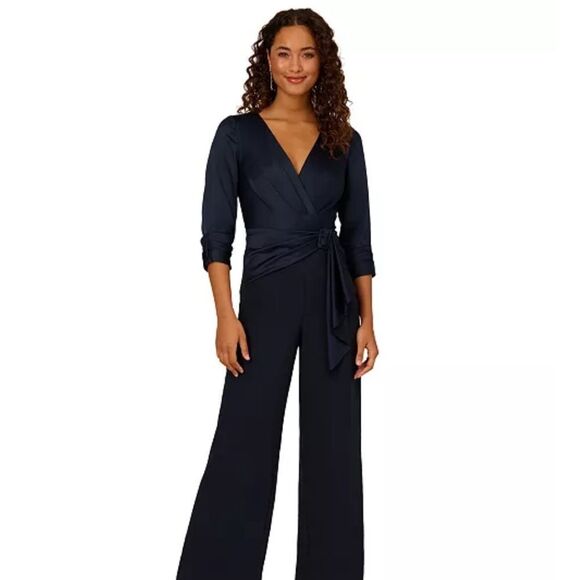 Adrianna Papell Satin Crepe 3 Quarter Sleeve Jumpsuit Buckle Waist 4 NWT $189 - Picture 3 of 7